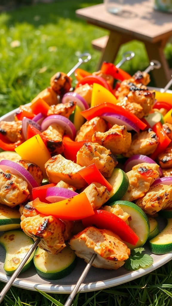 A platter of grilled chicken and vegetable kabobs with bell peppers, onions, and zucchini, on a picnic table.